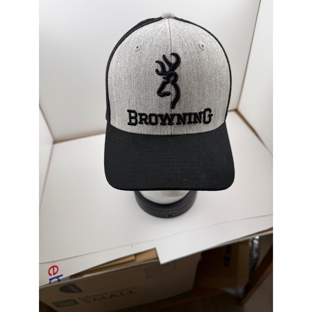 Browning Flexfit Trucker Hat Gray Black Mesh Back Buckmark Logo Stretch Fit Cap - Picture 5 of 13